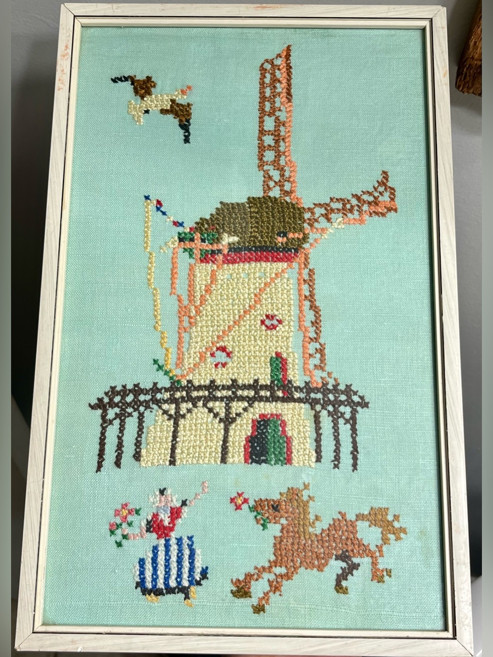 Vintage Handmade Cross Stitch Dutch Windmill Wall Art - Aqua Background